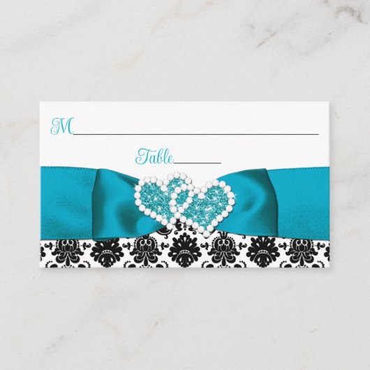 Carte De Placement Turquoise, Noir Damask Love Hearve Mariage (Devant)