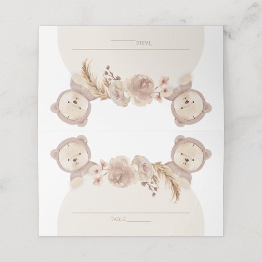 Carte De Placement Twins Teddy Bear Party Numéro de table Nom (Extérieur déplié)