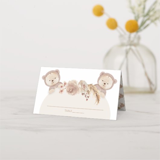 Carte De Placement Twins Teddy Bear Party Numéro de table Nom (Dos)