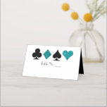 Carte De Placement Vegas Turquoise Parties scintillant et Black Place<br><div class="desc">Parfait pour un mariage de casino glamour et glamour de Las Vegas, cette carte blanche pliée présente une parties scintillant faux turquoise avec costumes de carte noire, un espace pré-imprimé pour écrire dans les numéros de table et un espace blanc vierge pour écrire dans vos noms d'invités. Votre traiteur a-t-il...</div>