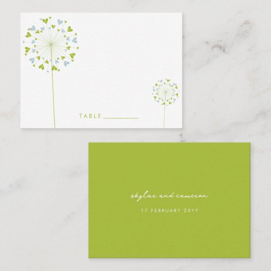 Carte De Placement Vert & Bleu Dandelion Fleurs Amour Coeurs Mariage (Devant / Derrière)