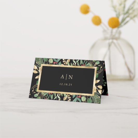 Carte De Placement Vert doré sur noir | Mariage de Noël (Dos)