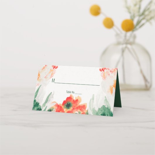 Carte De Placement Vert forêt, orange, Aquarelle blanche Floral (Devant)