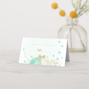 Carte De Placement vert menthe & fleurs blanches or botanique mariage