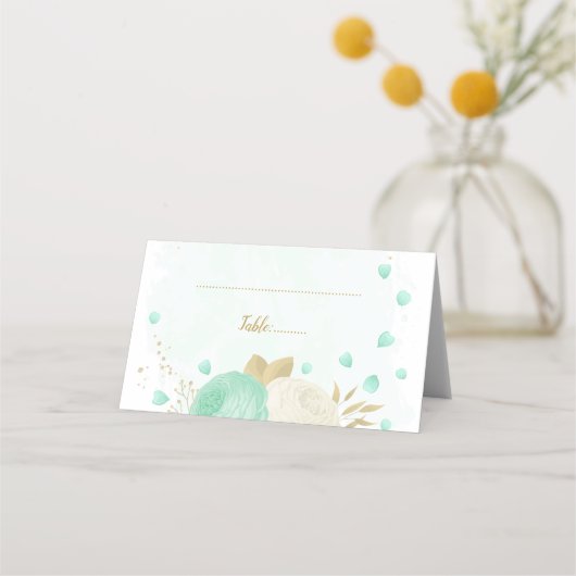 Carte De Placement vert menthe & fleurs blanches or botanique mariage (Devant)