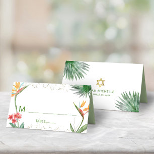 Carte De Placement Vert Or Bar Mitzvah Floral Tropical Aquarelle