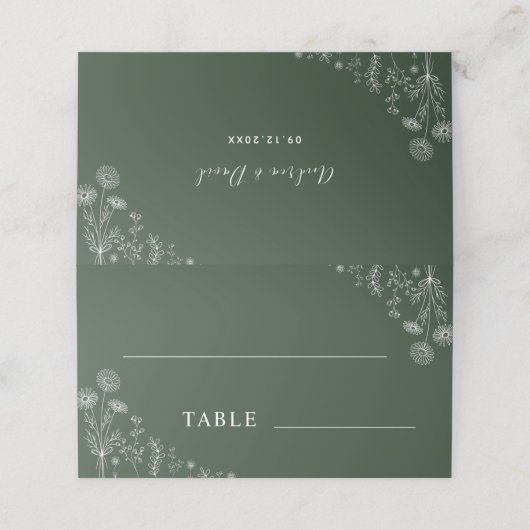 Carte De Placement Vert sage | Mariage botanique Fleur sauvage tiré (Extérieur déplié)