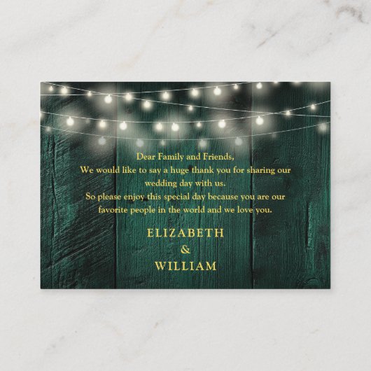 Carte De Placement Verte Rustique Bois Éclairage Mariage Merci (Dos)