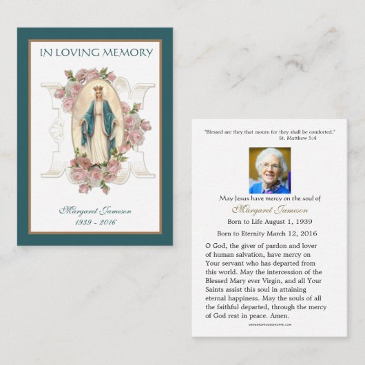 Carte De Placement Vierge catholique Marie Rose funérailles Sympathie (Devant / Derrière)