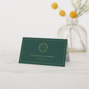 Carte De Placement Vintage or Floral Crest Monogramme Mariage