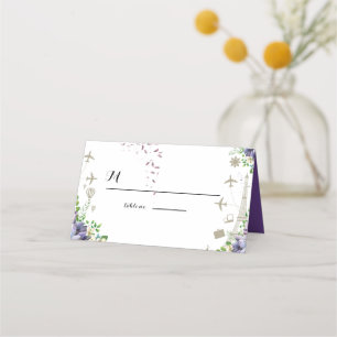 Carte De Placement Violet Floral et Voyage à thème Faire-part de mari