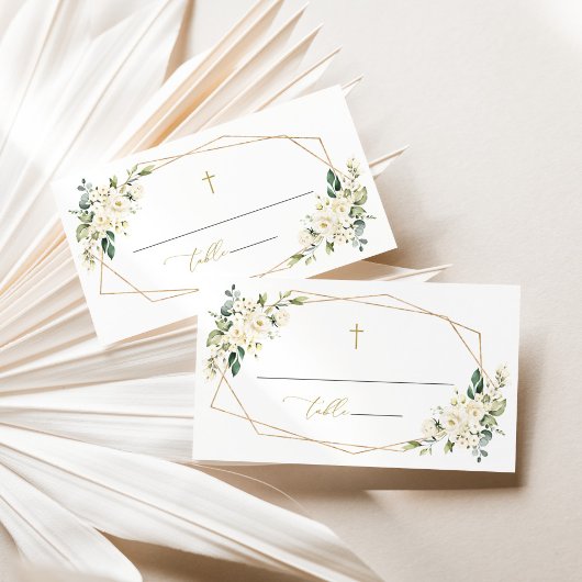 Carte De Placement White Flowers, Cream Flowers, Greenery, Baptism
