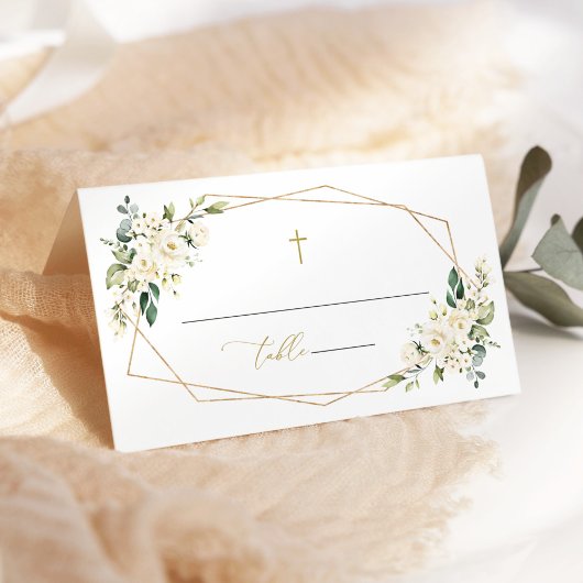 Carte De Placement White Flowers, Cream Flowers, Greenery, Baptism