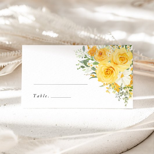 Carte De Placement Yellow Floral Rose Wedding Name Place Card