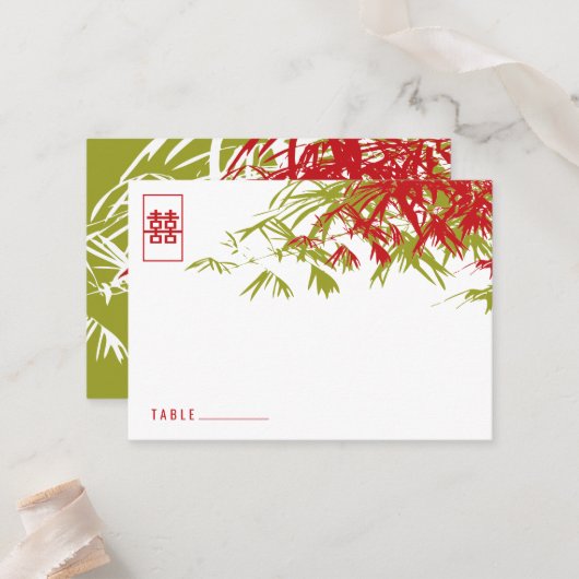 Carte De Placement Zen Bamboo Feuille double bonheur Mariage chinois (Devant/Arrière en situation)