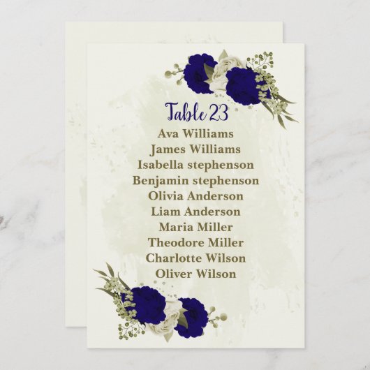 Carte de plan de sièges florale bleu royal beige (Devant / Derrière)
