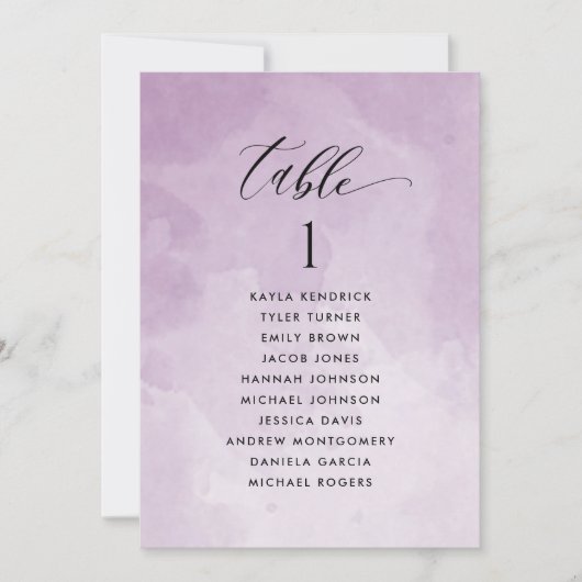 Carte de plan de table à aquarelle violette avec n (Devant)