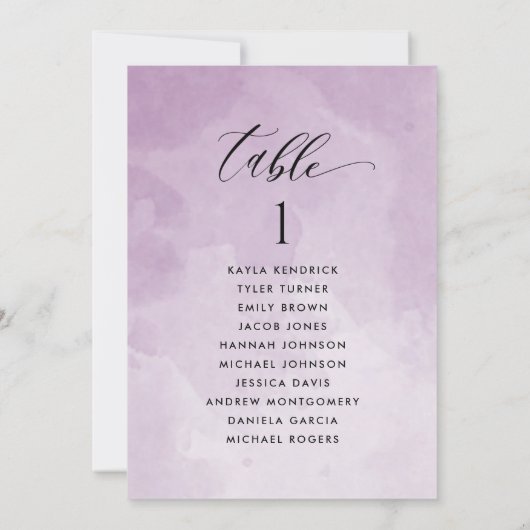Carte de plan de table à aquarelle violette avec n (Dos)