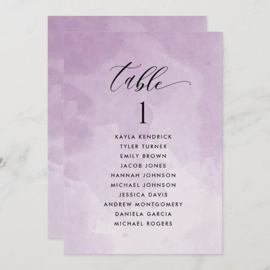 Carte de plan de table à aquarelle violette avec n (Devant / Derrière)