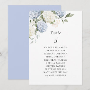 Carte de plan de table à fleurs d'hortensia bleue