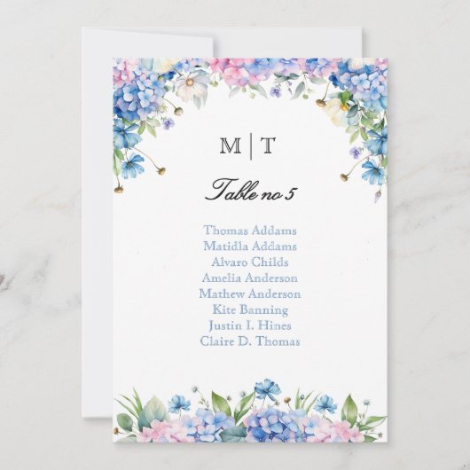 Carte de plan de table à monogramme Hydrangea Bleu (Devant)