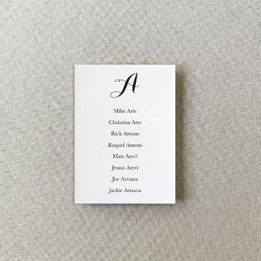 Carte de plan de table à script noir et blanc