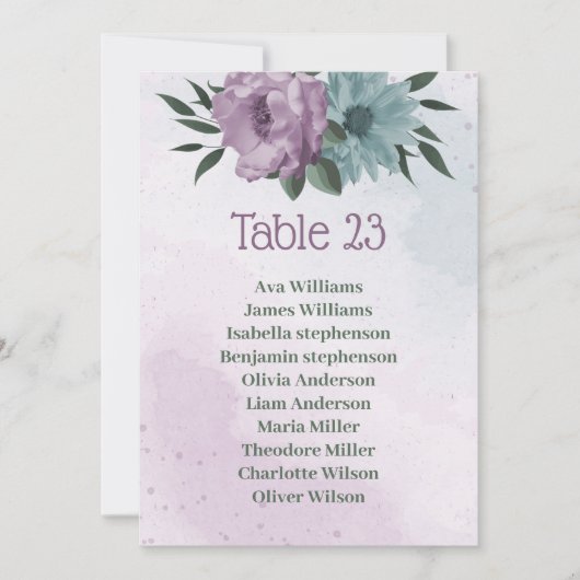 carte de plan de table botanique fleurs bleu viole (Devant)