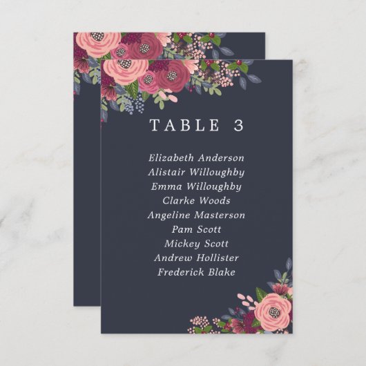 Carte de plan de table de fleurs Bourgogne et Blus (Devant / Derrière)