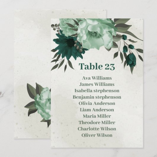 carte de plan de table de fleurs vert émeraude (Devant / Derrière)
