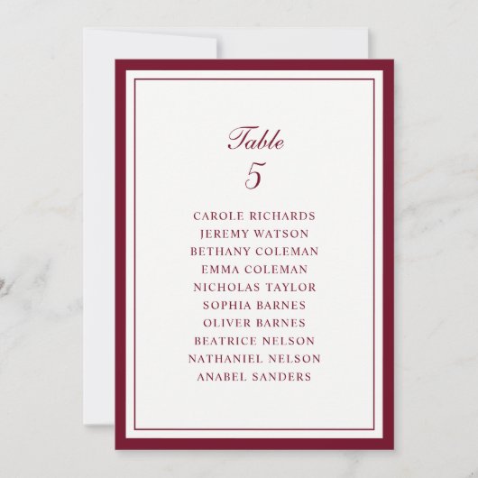 Carte de plan de table de mariage à cadre bordeaux (Devant)