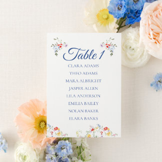Carte de plan de table de mariage à fleurs bleues
