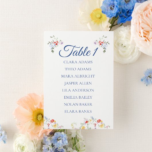 Carte de plan de table de mariage à fleurs bleues