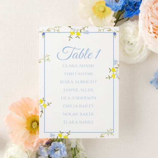 Carte de plan de table de mariage bleu et jaune fl