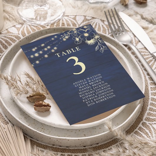 Carte de plan de table de mariage bleu marine