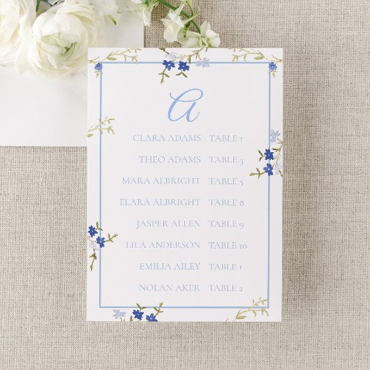 Carte de plan de table de mariage élégante bleue e