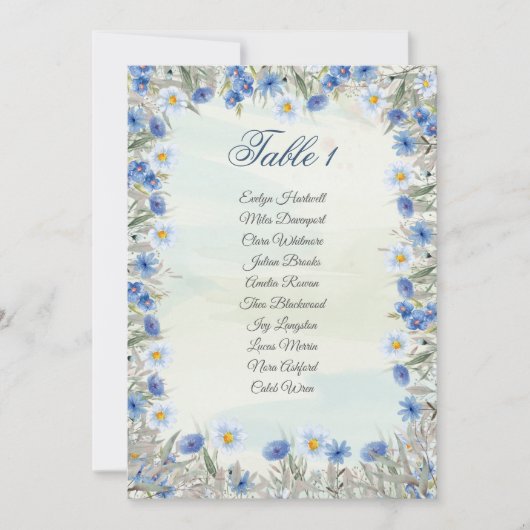 Carte de plan de table de mariage floral bleu élég (Devant)