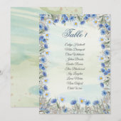 Carte de plan de table de mariage floral bleu élég (Devant / Derrière)