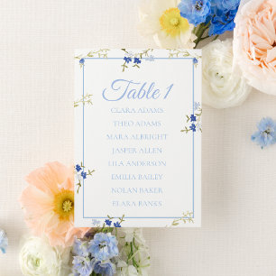 Carte de plan de table de mariage floral bleu et g