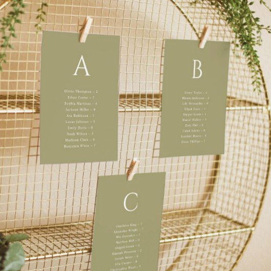 Carte de plan de table de mariage Matcha alphabéti