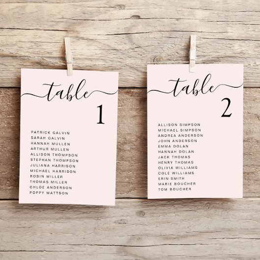 Carte de plan de table de mariage rose Chic Script