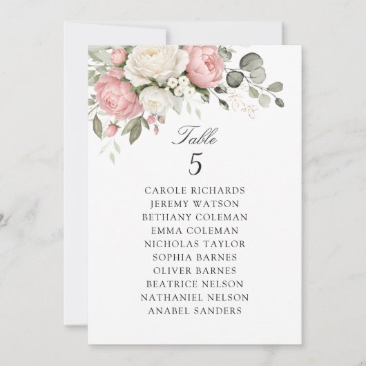 Carte de plan de table de mariage rose pâle floral (Devant)