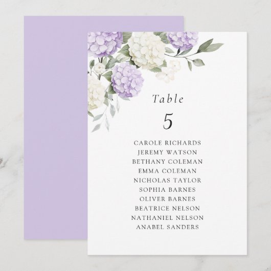 Carte de plan de table d'hortensia violet floral (Devant / Derrière)