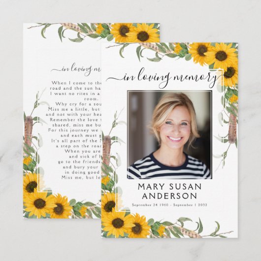 Carte de poème commémorative Sunflower Photo Funer (Devant / Derrière)