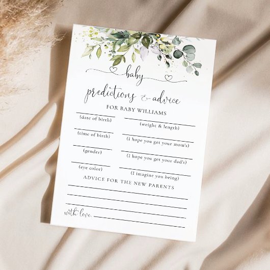 Carte de prédictions de Baby Shower Floral Eucalyp