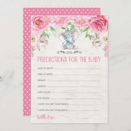 Carte de prédictions du jeu de Baby shower d'éléph (Devant / Derrière)