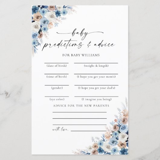 Carte de prédictions pour bébé à fleurs bohème ble (Devant)