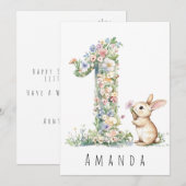Carte de première année avec fleurs et lapin (Devant / Derrière)