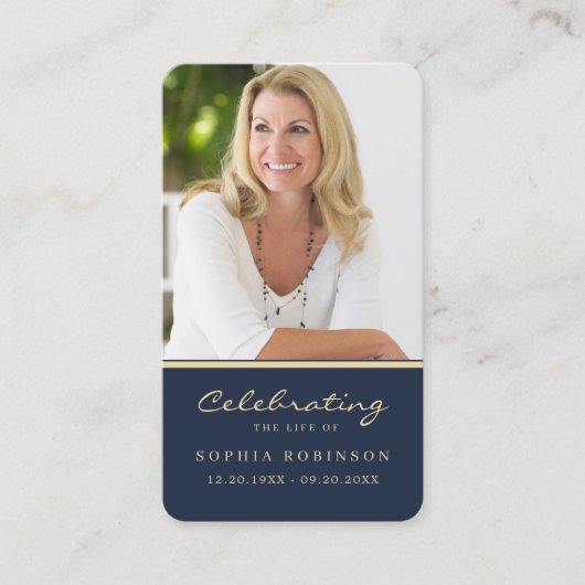 Carte de prière bleue Script Gold Memorial (Devant)