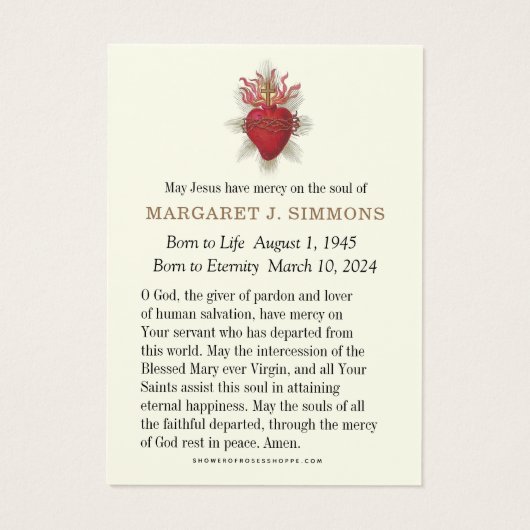 Carte de prière commémorative catholique (Dos)