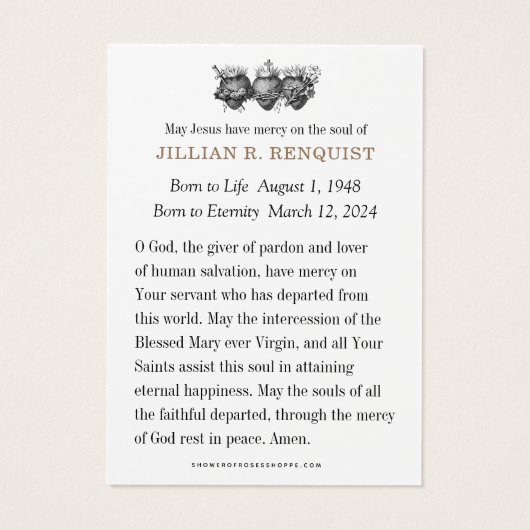 Carte de prière commémorative catholique (Dos)